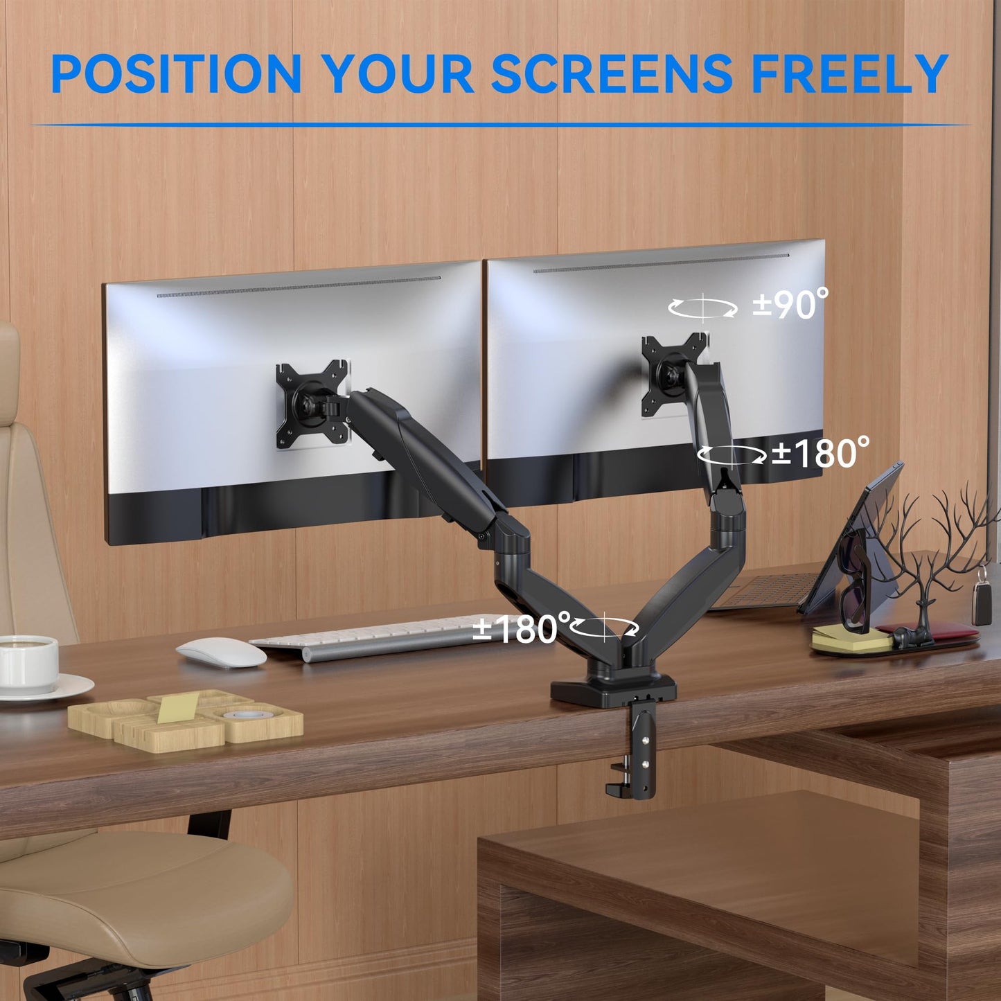 Rosewill Dual Monitor Mount, 15 to 32 Inch, 4.4 to 19.8lbs per Screen, Adjustable Gas Spring Monitor Arm with Cable Management, Clamp & Grommet Base
