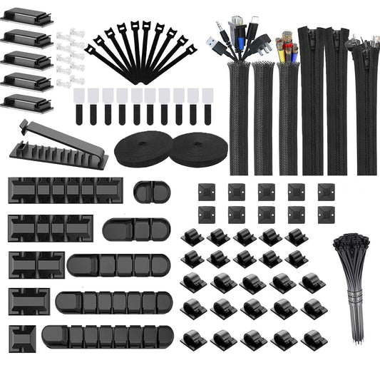 189PCS Cable Management Kit, 6 Cable Sleeve40 Cable Clips with 11Cord Holders, 2 Roll Self Tie, 10 Self Adhesive Cord Organizer, 100 Fastening Cable