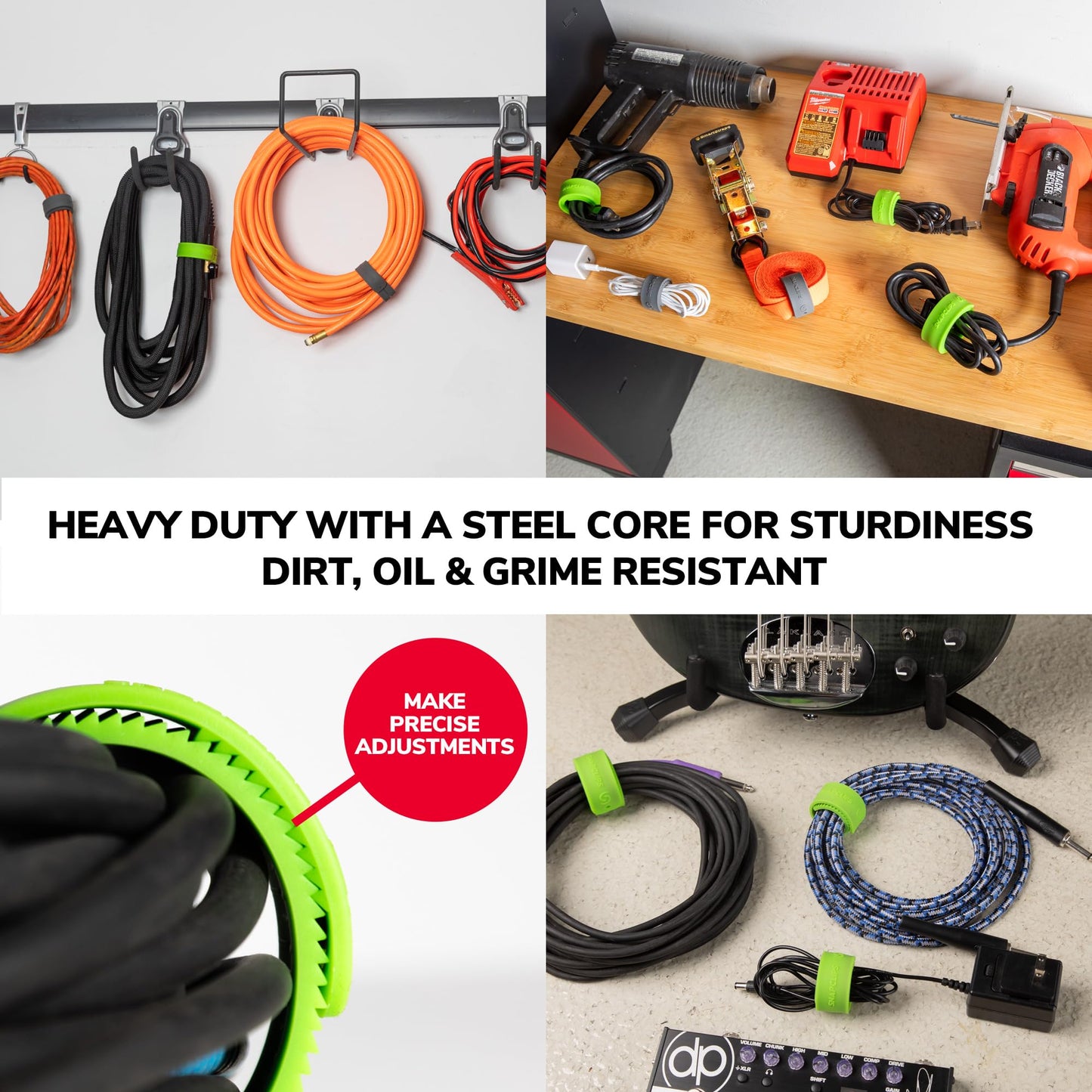 SnapClips Storage Straps, 6" Green - Set of 2, Heavy Duty Extension Cord Organizer Straps, Reusable Cable Ties, Hose Storage, Accessories Holder