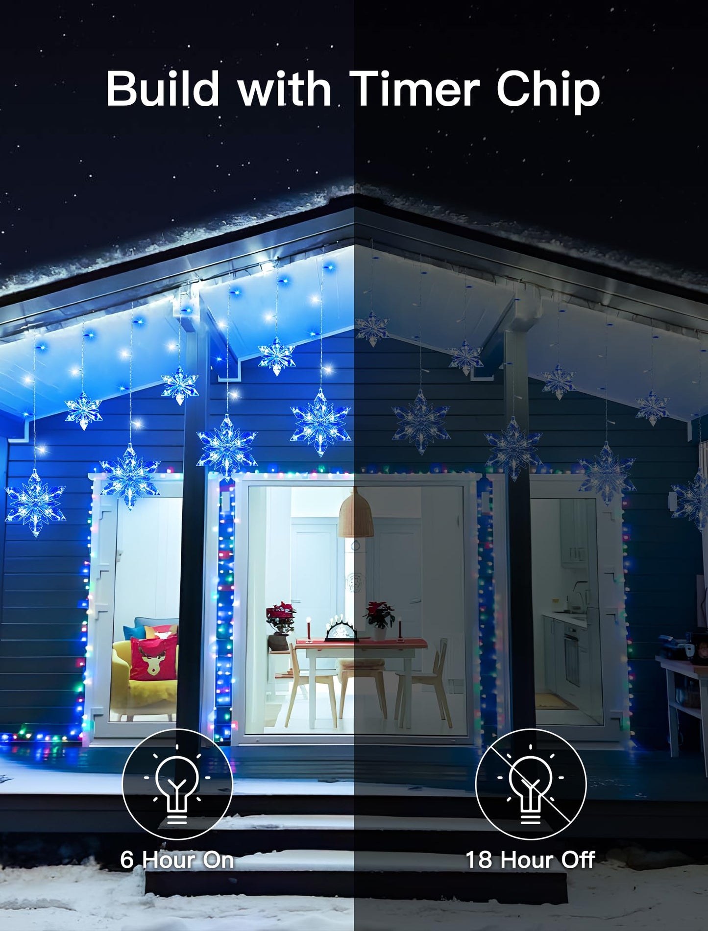 Qunlight Christmas Snowflake Lights,8.2ft 144LED Curtain Icicle Lights with 12 Drops,Connectable 8 Modes Timer Xmas Icicle Light Plug in