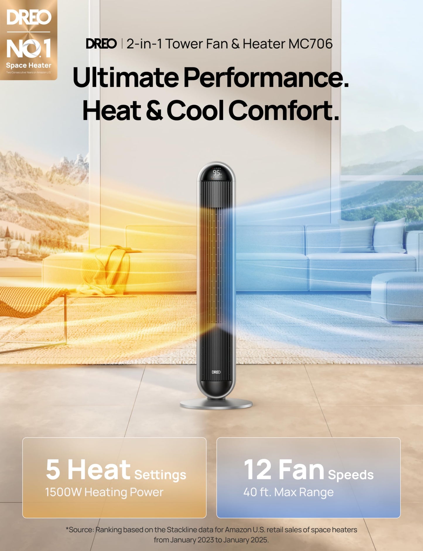 DREO Tower Fan and Heater Combo, 29.2ft/s Standing Fans for Bedroom, 17 Levels, 6 Modes, 120° Oscillation, 42 Inch, 12H Timer, 25dB Quiet,