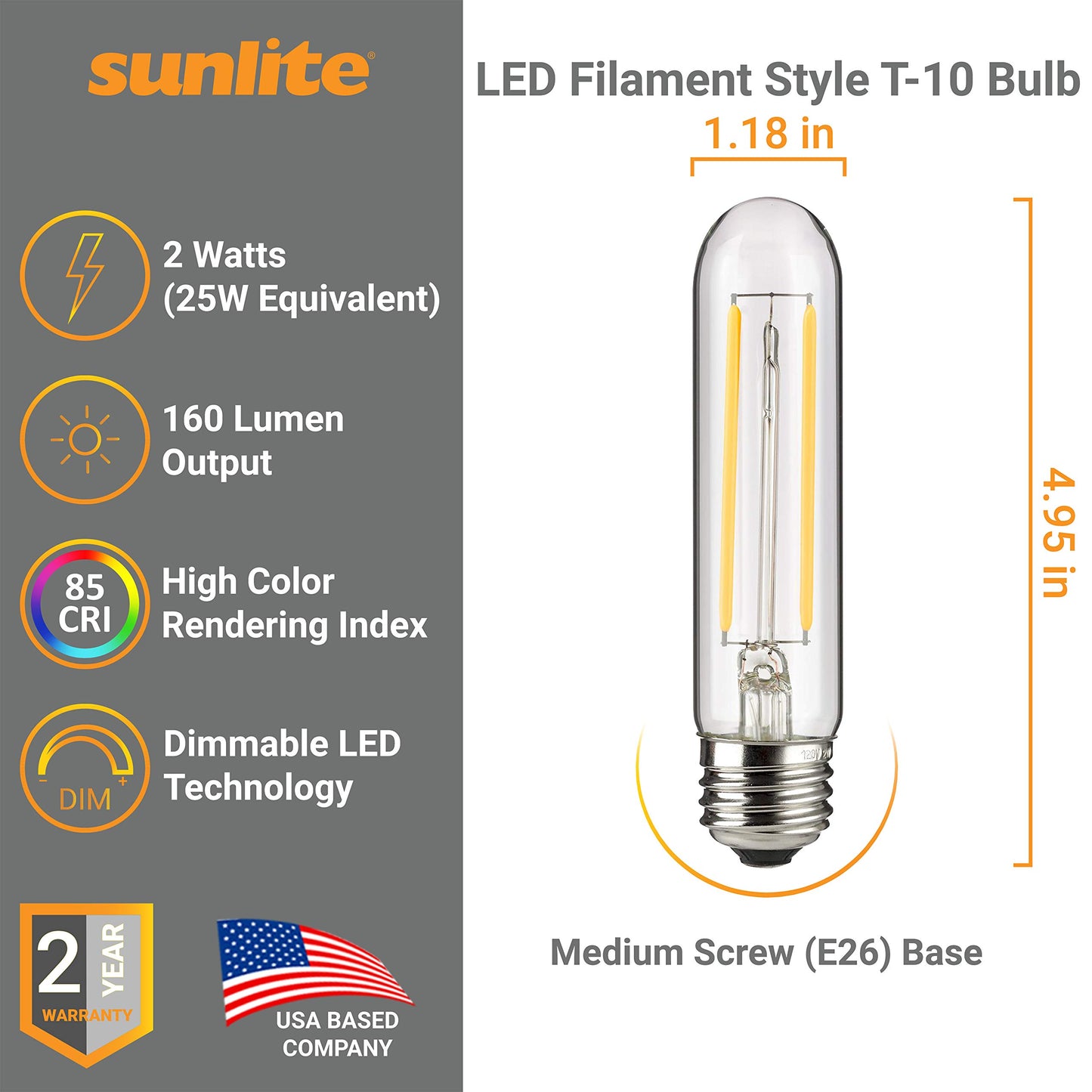 Sunlite 41148 LED Filament T10 Tubular Light Bulb, 2 Watts (25W Equivalent), 160 Lumens, E26 Base, Dimmable, 126mm, 6 Pack 2200K - Amber