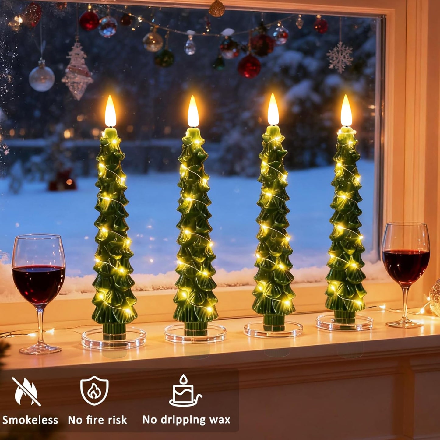 QVAIVE Christmas Tree Candles, Flameless Taper Candles with Remote & String Lights, 4 Pcs Battery Operated LED Green Christmas Candlesticks