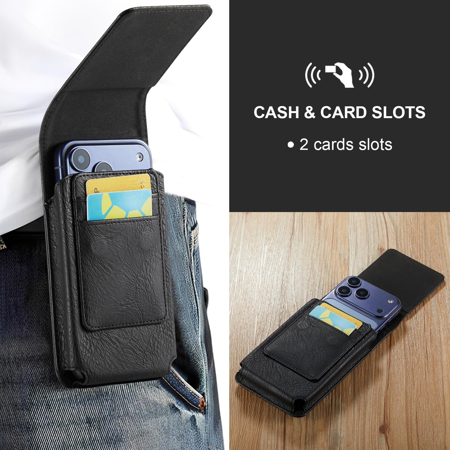 Phone Holster with Belt Clip for iPhone 17/16/15/14/13/12 Pro Max & Plus, Galaxy S25/S24/S23/S22 Ultra & Plus, Premium Leather Pouch with Card Holder