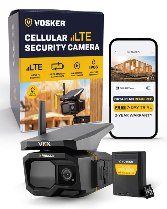 Vosker VKX Construction Pack Solar 4G LTE Security Camera, Wireless Outdoor Surveillance for Remote Construction Sites - No Wi-Fi Needed, SIM Card