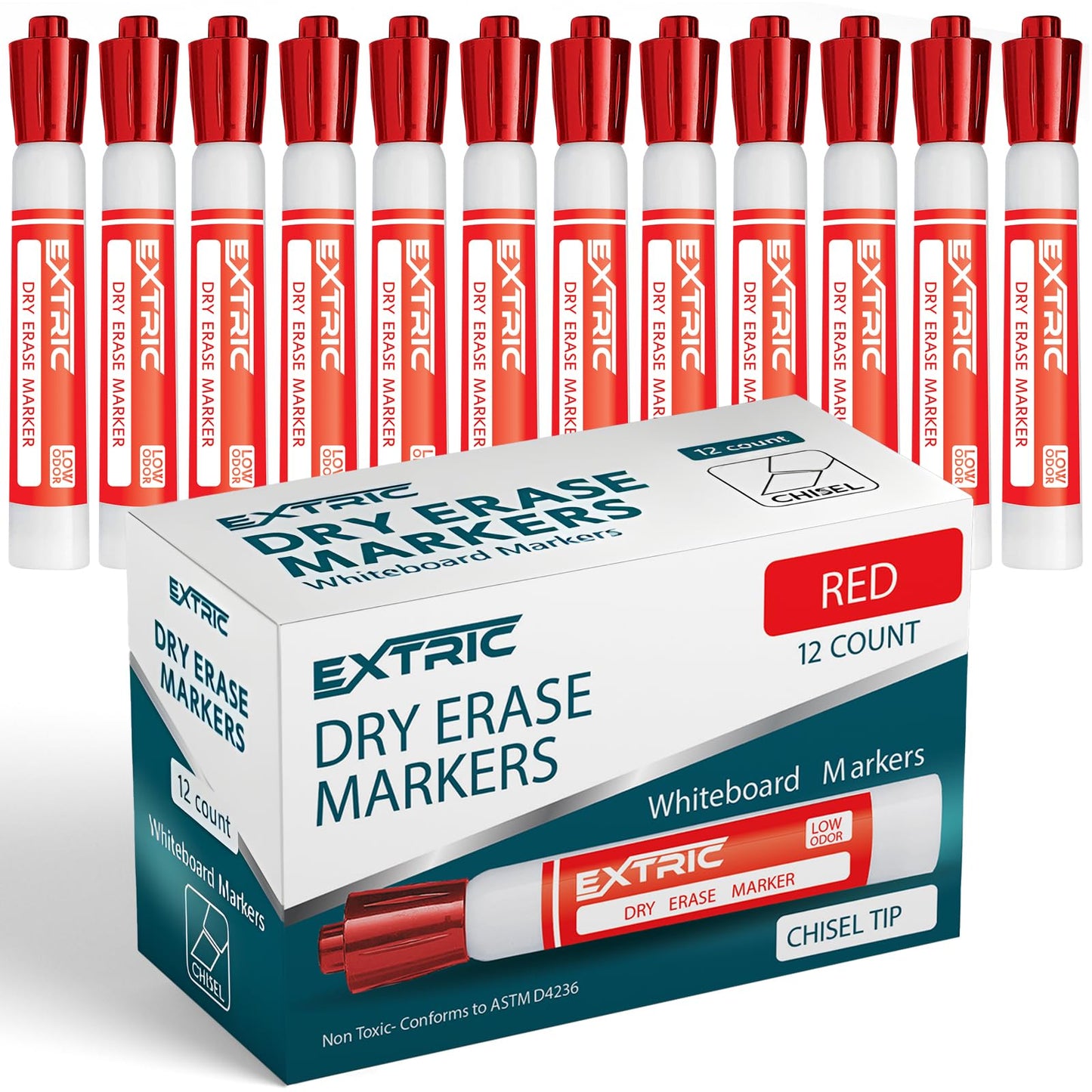 EXTRIC Red Dry Erase Markers 12 PK Whiteboard Marker Chisel Tip Low Odor