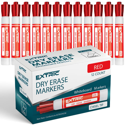 EXTRIC Red Dry Erase Markers 12 PK Whiteboard Marker Chisel Tip Low Odor