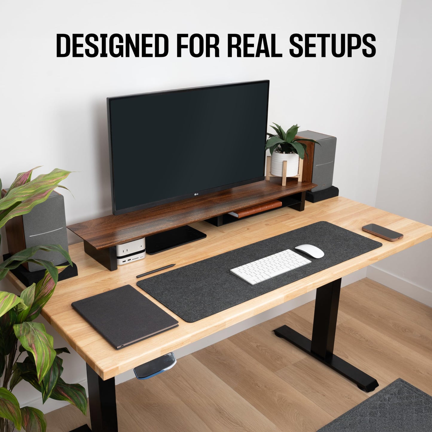 COREMINDED Solid Wood Dual Monitor Stand Riser - 43" Walnut Desk Shelf for 2 Monitors with Tray & Wool Felt, Organizer for Desktop, Laptop and Office