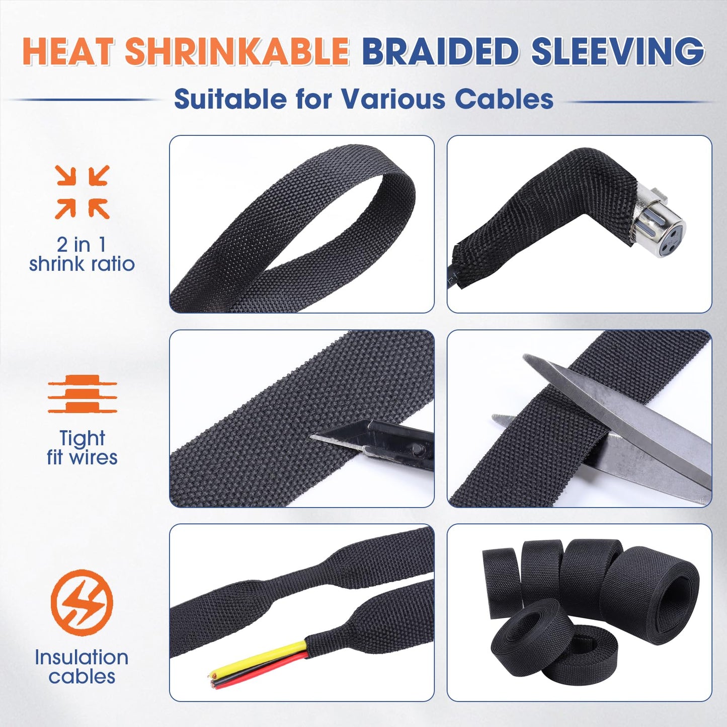 FOURUB 2:1 Heat shrinkable Braided Sleeving Fabric Wire Loom High Temp Heat Shrink Wiring Harness Abrasion Protector Cable Sleeve(1"-15ft)