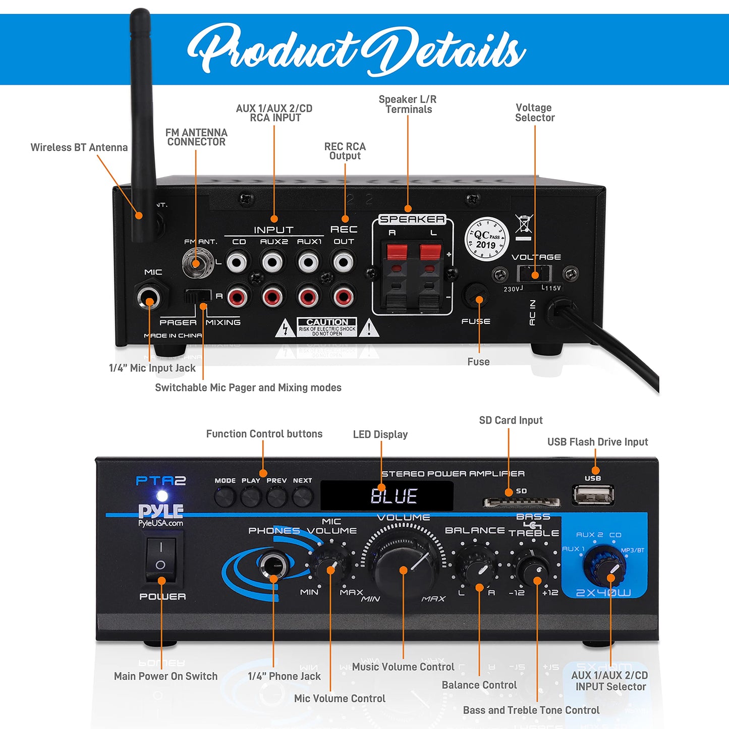 Pyle Home Audio Power Amplifier System - 2X40W Bluetooth Mini Dual Channel Mixer Sound Stereo Receiver Box w/ AUX, Mic Input - For Amplified Speakers