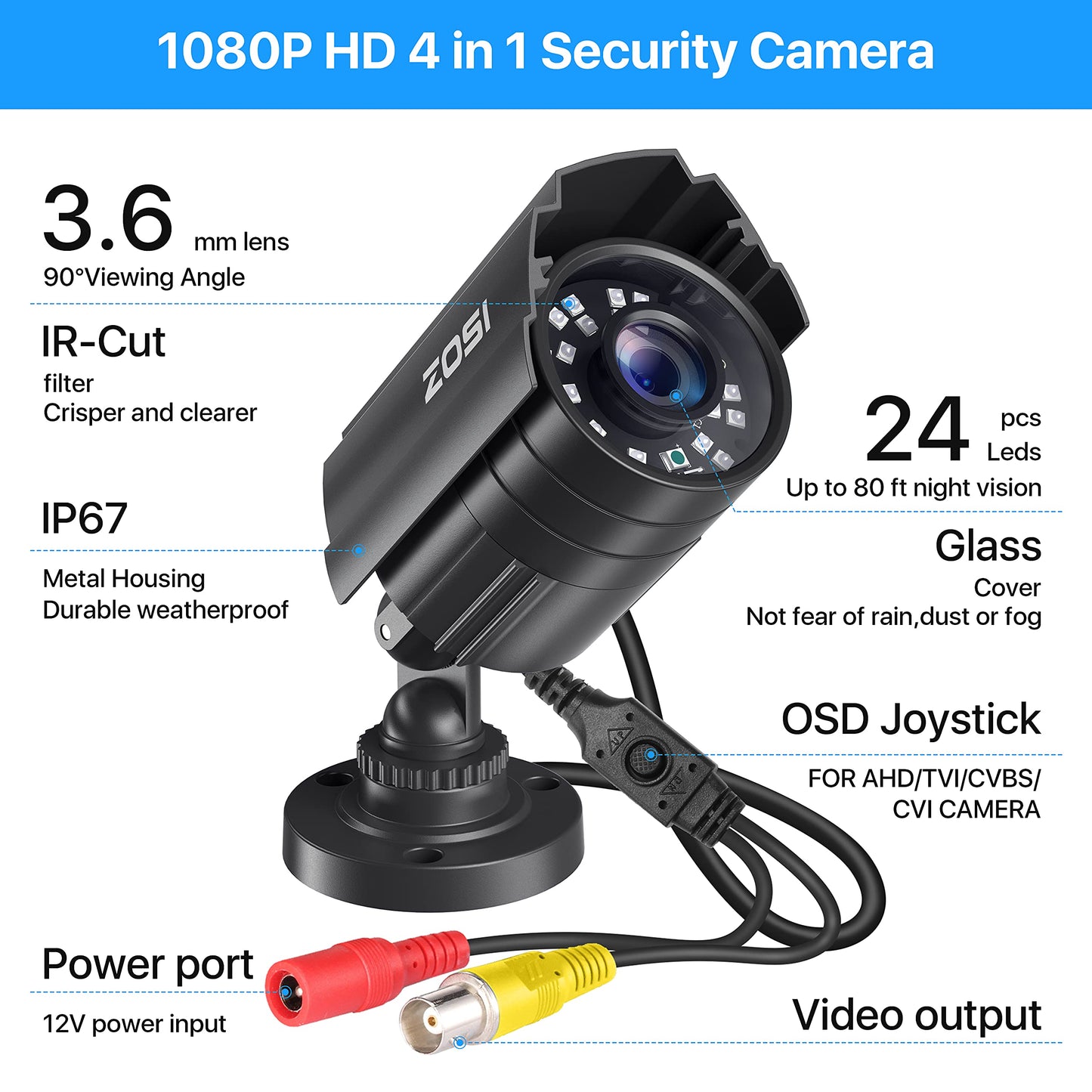 ZOSI 2.0MP 1080P HD 1920TVL Security Camera Hybrid 4-in-1 TVI/CVI/AHD/960H CVBS CCTV Camera Outdoor Indoor,80ft IR Night Vision,Weatherproof Bullet