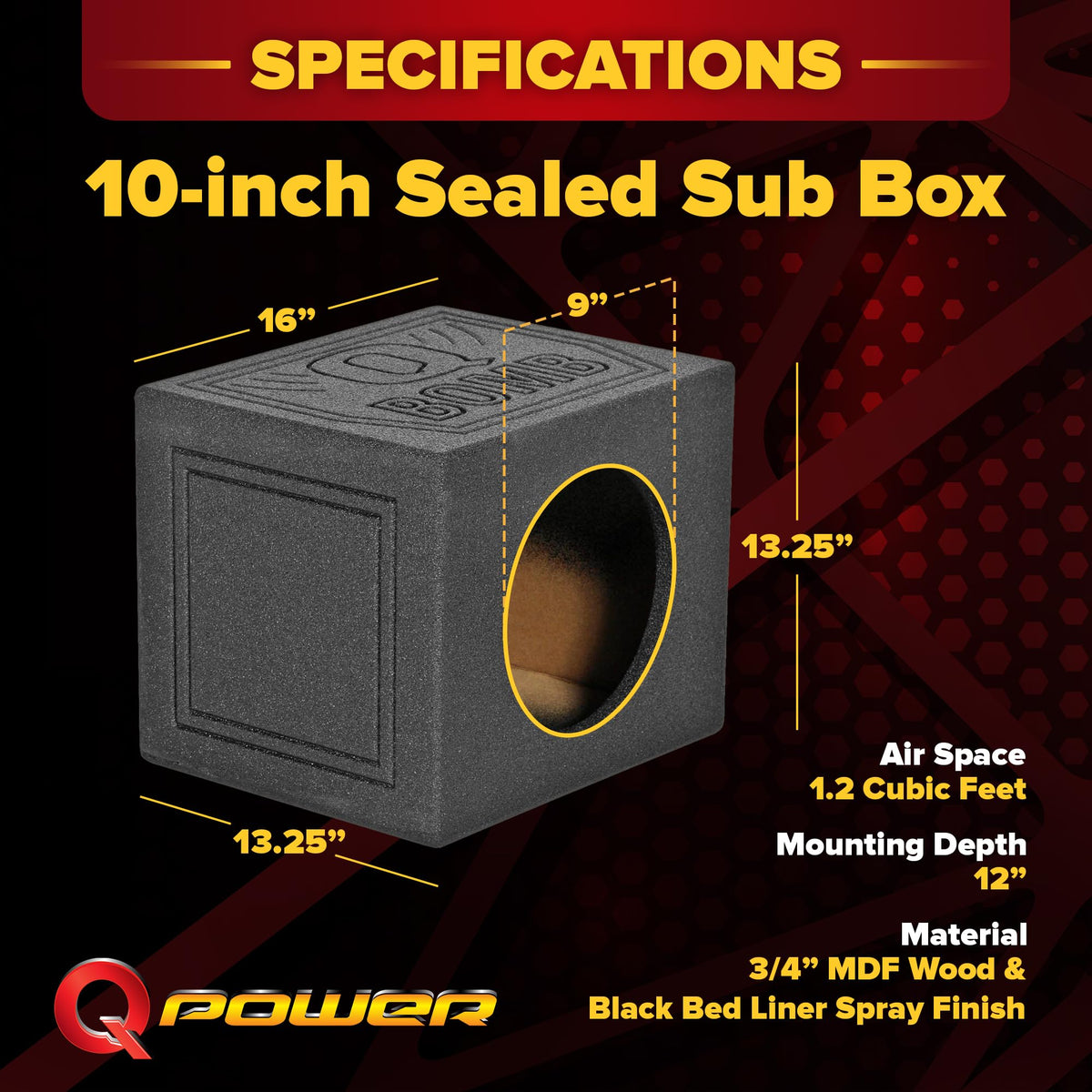 QPower QBOMB Single 10" Sealed Subwoofer Speaker Box, Bed Liner Finish
