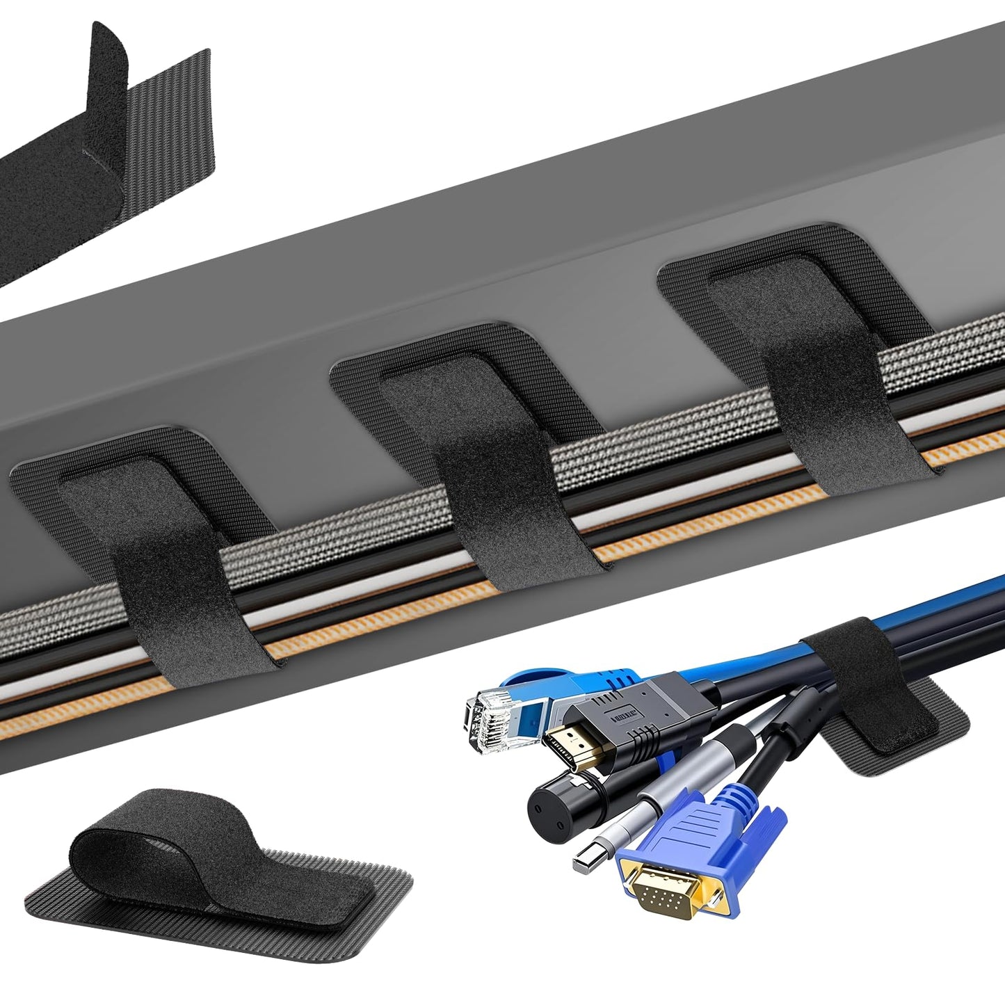 Under Desk Cable Management, ?Holds 15 Cables??Ultra Adhesion? Hook and Loop Cable Strap, Adjustable Long Cable Tie, Reusable Cable Clip Hiding, 20