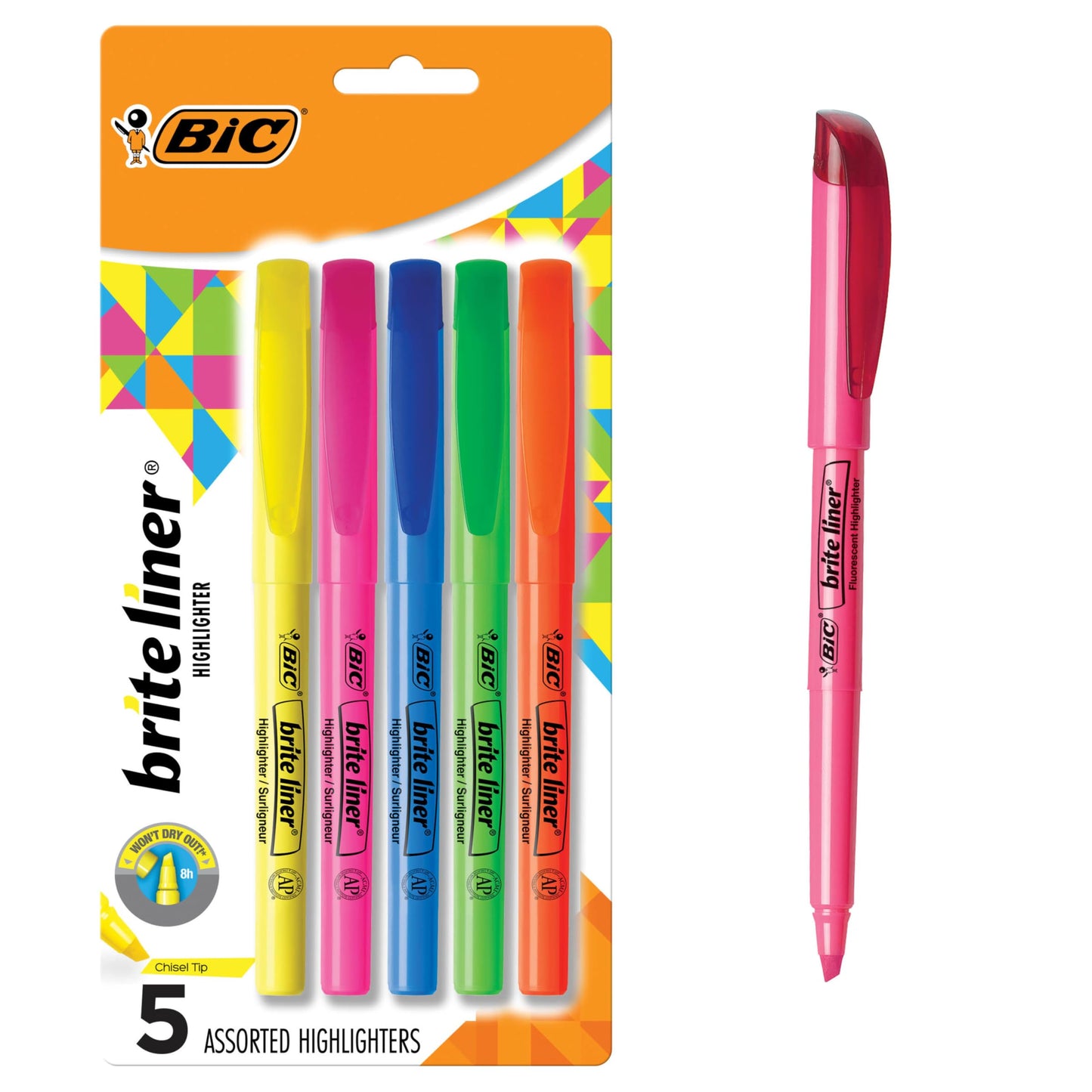 BIC Brite Liner Highlighters, Chisel Tip, School Supplies for Students and Teachers, Ideal for Notes, Textbooks, and Classroom Use, 5-Count Pack in