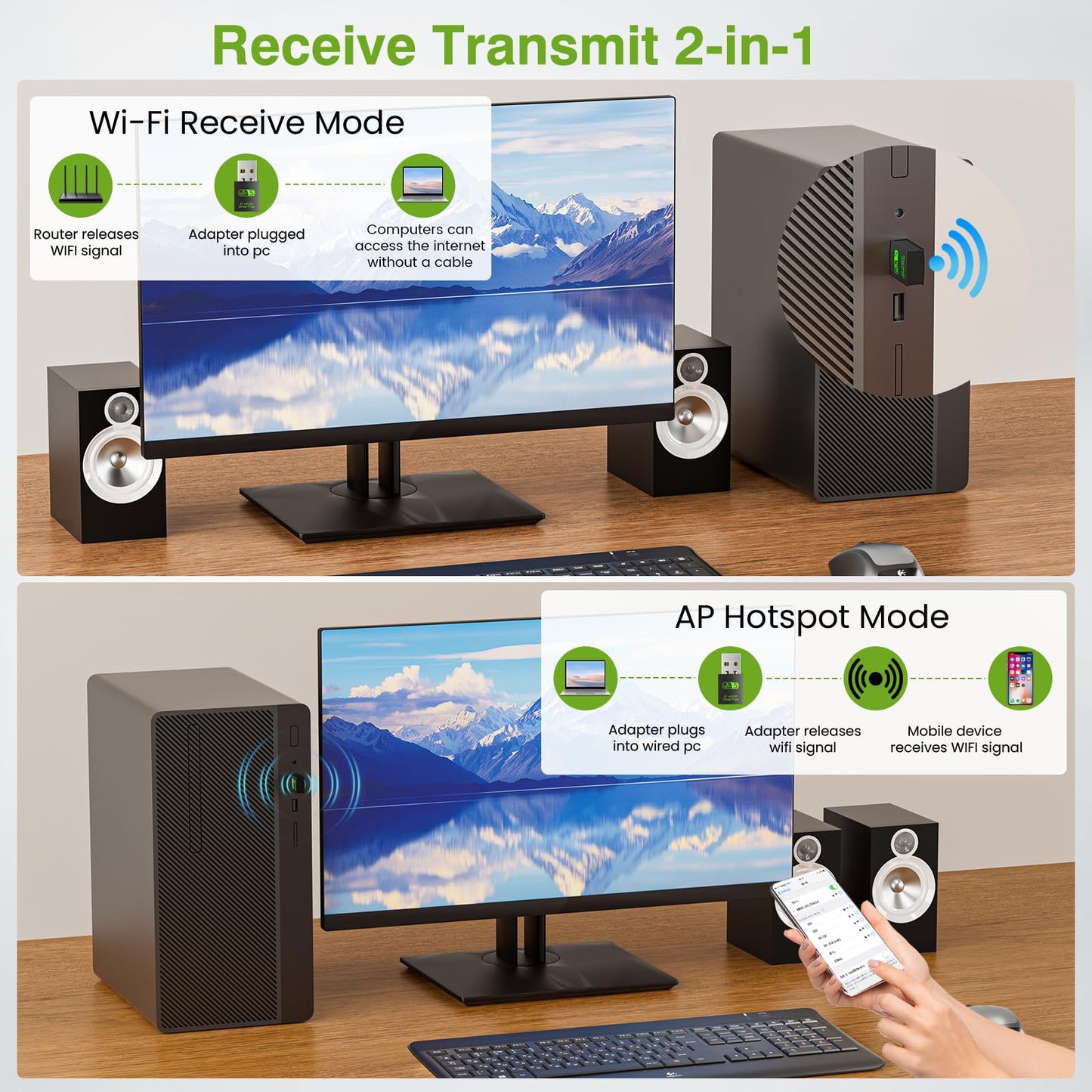 USB WiFi Bluetooth Adapter, 600Mbps Dual Band 2.4/5Ghz Wireless Network External Receiver, Mini WiFi Dongle for PC/Laptop/Desktop