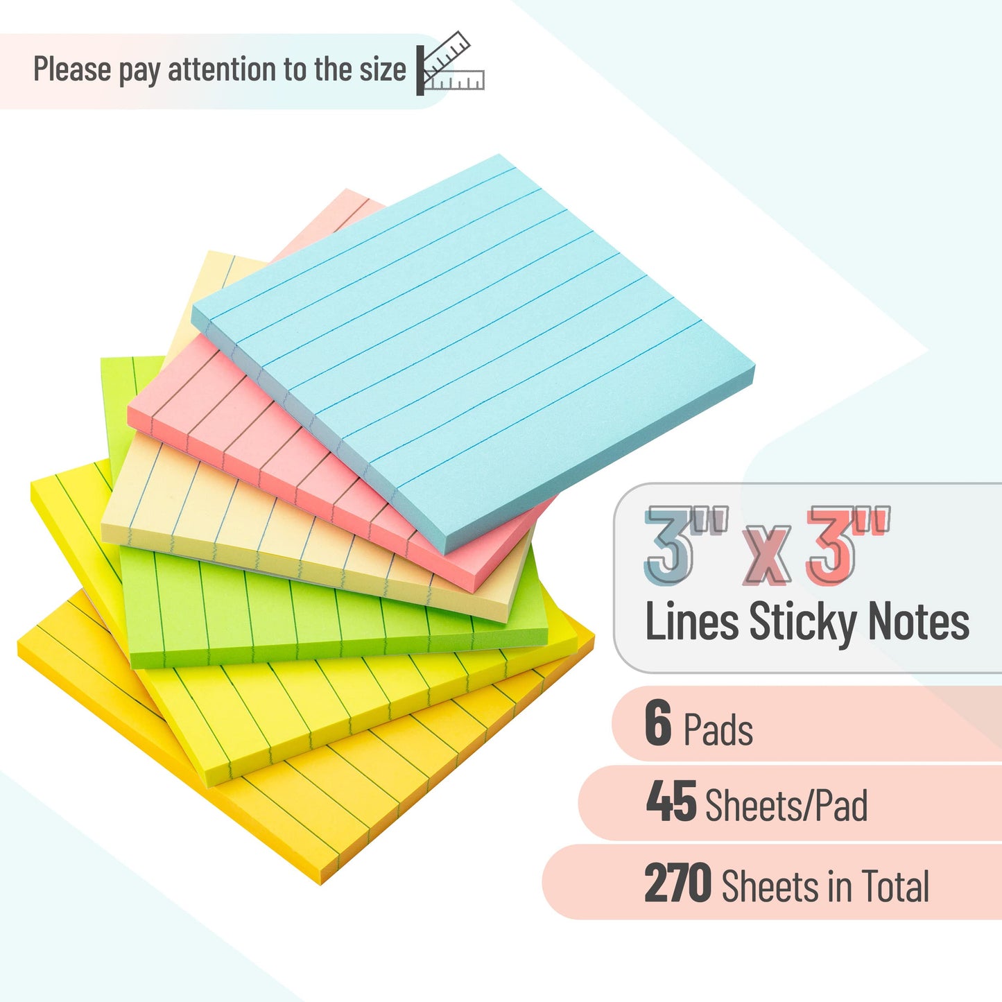 Mr. Pen- Lined Sticky Notes, 3" x 3", 6 Pads, 45 Sheets/Pad