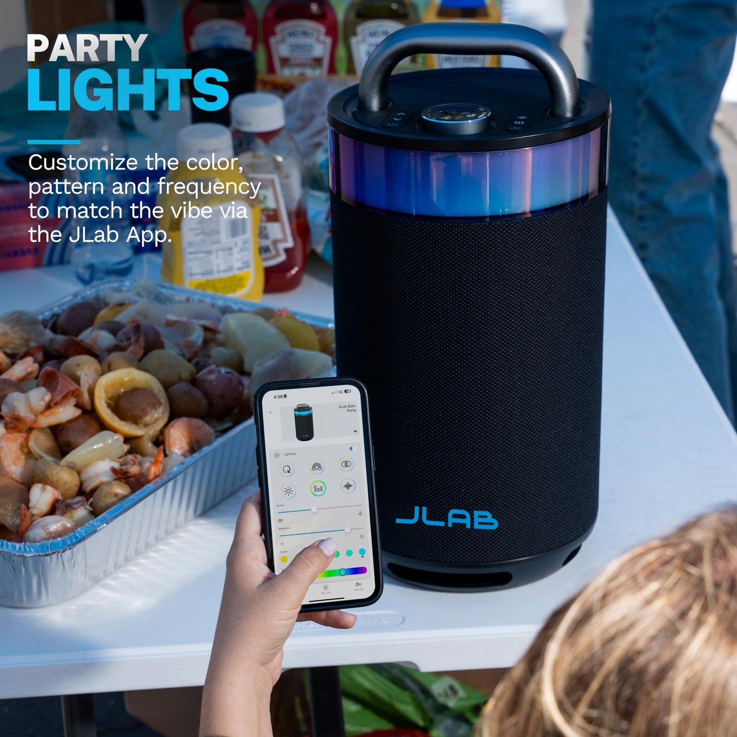 JLab Epic Party Portable Bluetooth Speaker, Black, 360-degree Sound with 100 Watts of Power, 16+ Hours of Playtime, Customizable RGB LED Lighting, Lab