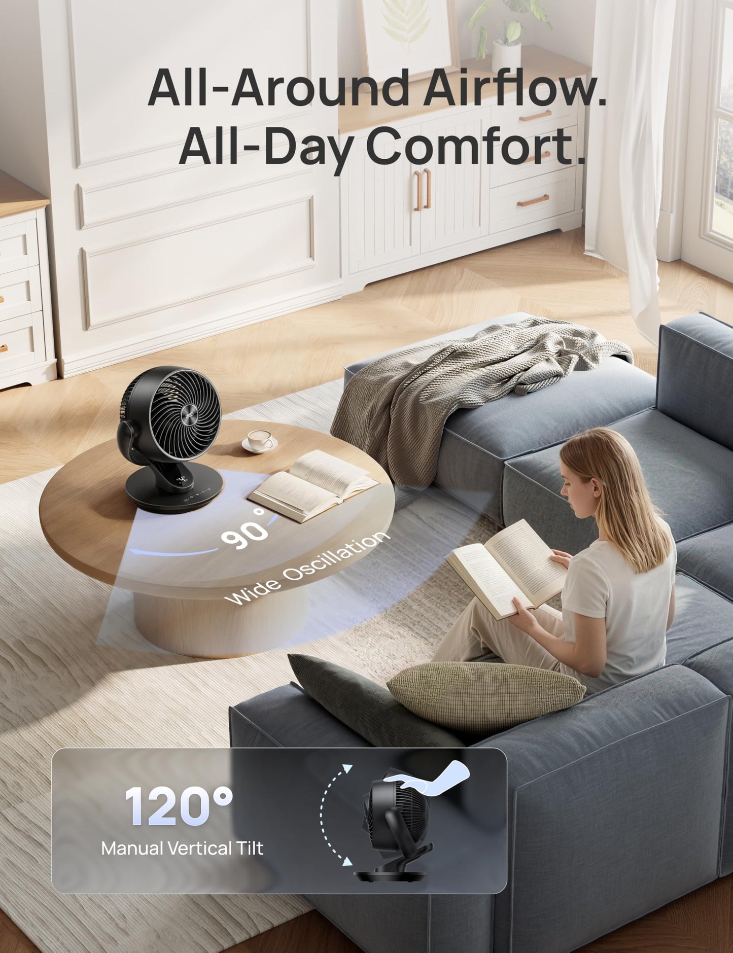 DREO Fan for Bedroom, 13-Inch Oscillating Table Air Circulator Fan for Whole Room, 120° Tilt Adjustment, 25dB Ultra-Quiet, 75ft Powerful Airflow, 4