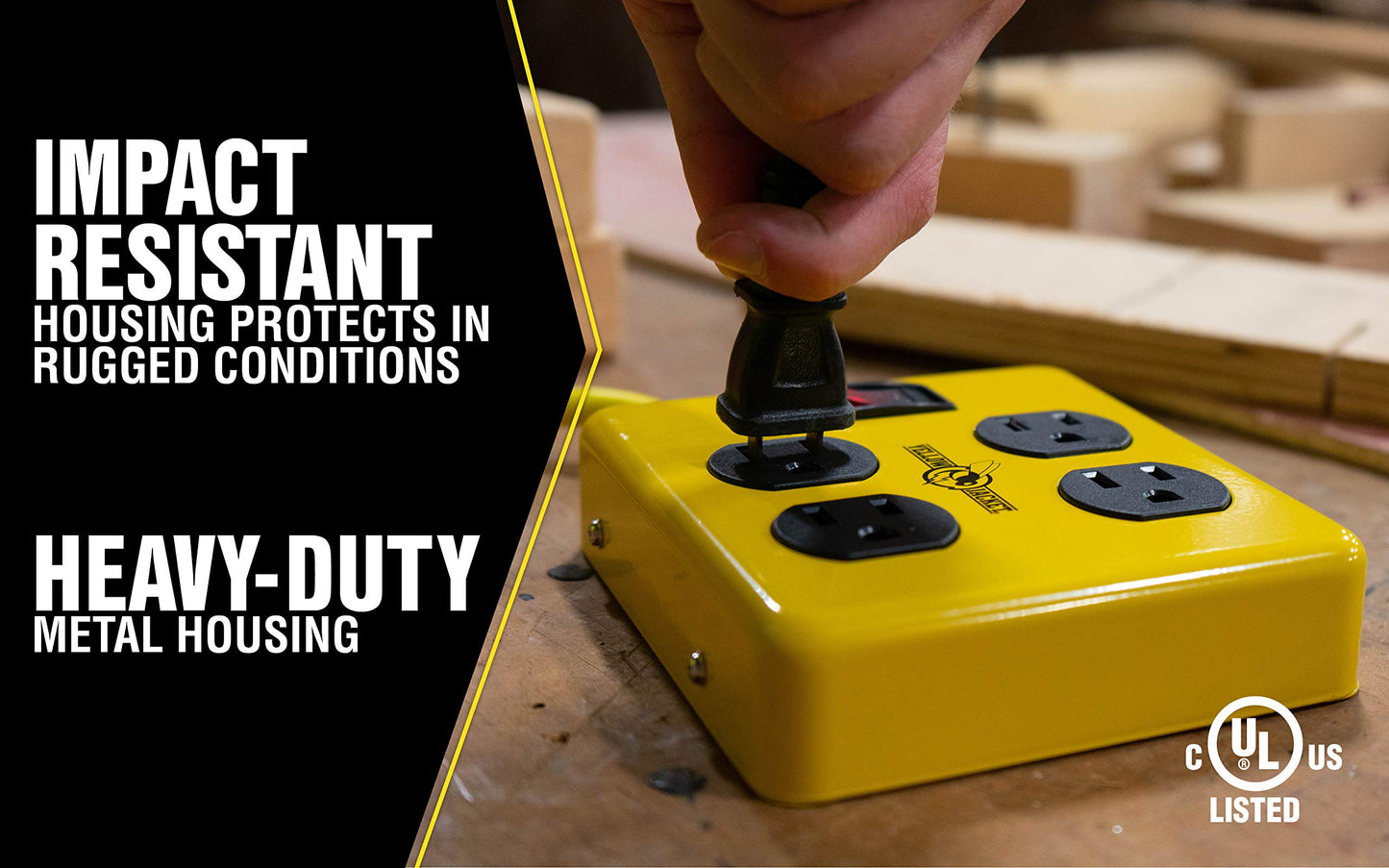 Southwire Yellow Jacket Metal Power Block - Heavy Duty Design - 4 Outlet Grounded Plug Splitter - Lighted Switch - 4 Ft Yellow Cord Plug - Durable