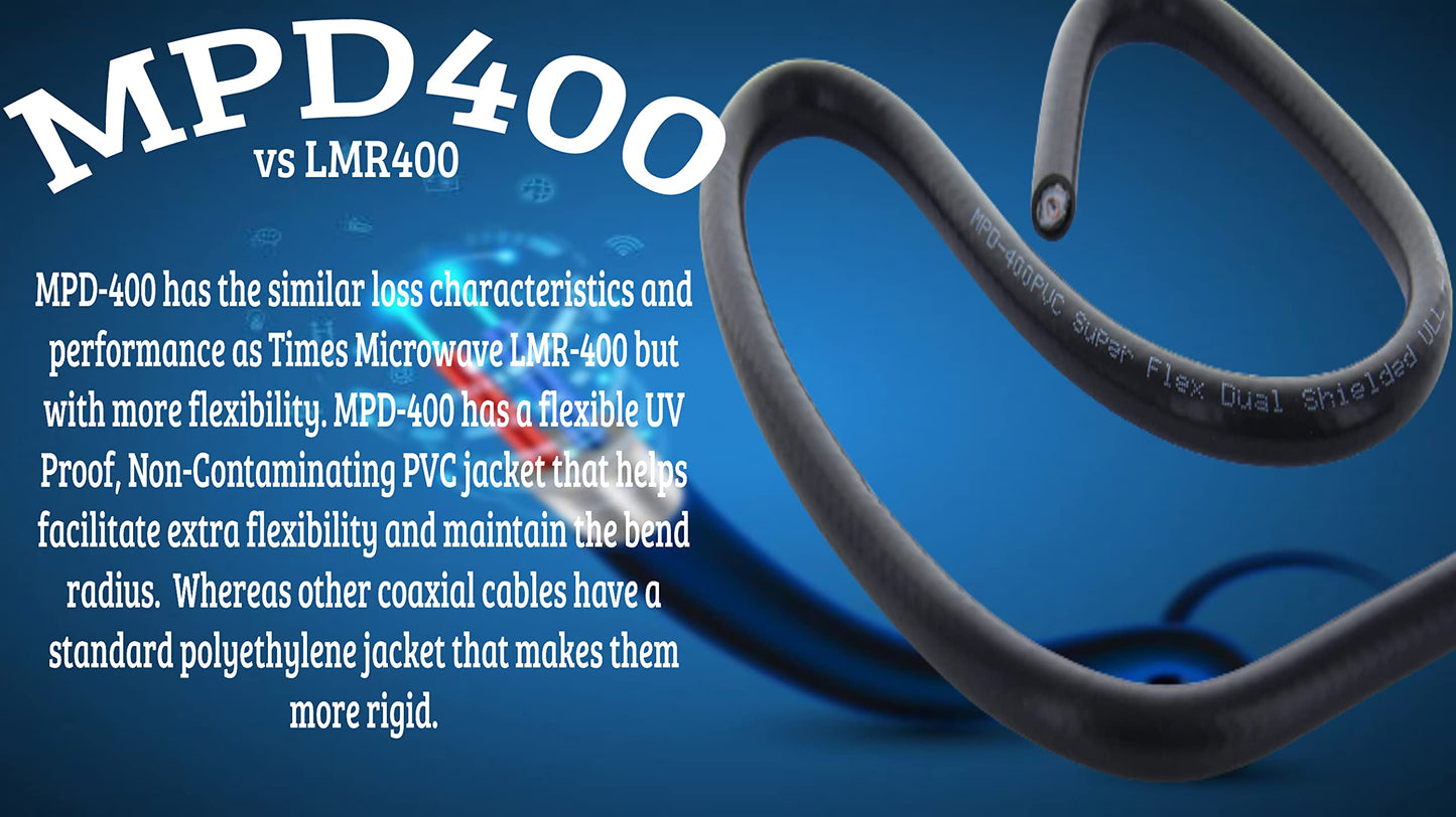 MPD Digital I MPD-400 PVC Superflex Coax Cable I PL259 UHF Male Connectors I Ultra Low Loss for Ham, VHF, RF, CB Radio I Made in the USA I White, 25