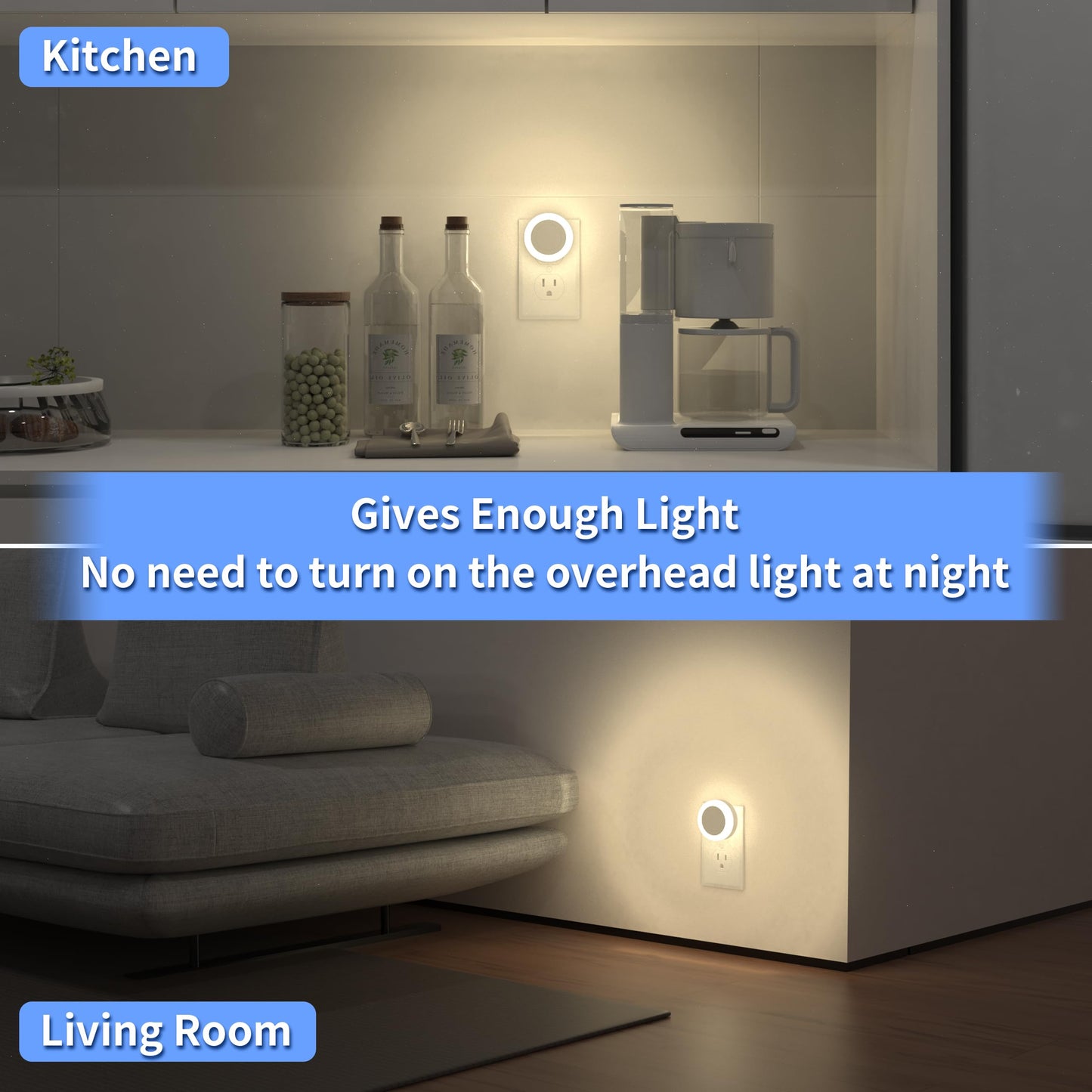 Night Light with High/Low/Off Switch, LED Manual Nightlight Max 20 Lumens, Indoor for Bathroom, Hallway, Bedroom, Kitchen, Warm White, Energy
