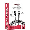 VODBOV Coiled 90° USB-A to Lightning Cable (Zebra Black) - Braided, Fast Charging, Right-Angle Car Charger Cord, 2-8 ft Stretch for iPhone & iPad