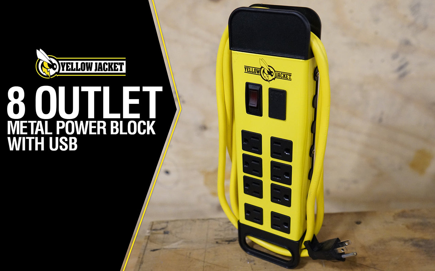 Southwire Yellow Jacket Power Block - 8 Outlet Heavy Duty Metal Power Strip - Dual USB Ports for Fast Charging - Rugged Workshop Design - 6 Ft Yellow