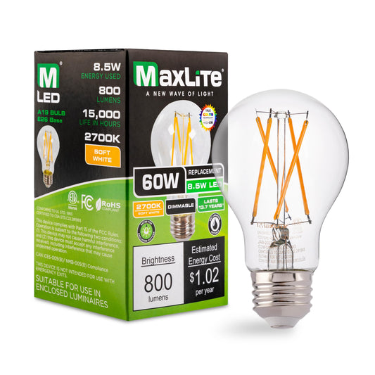 Maxlite EF4.5A19D27/JA81 4.5W A19 Dimmable LED Bulb, Enclosed Clear Filament, 2700K Warm White Light, JA8 Listed - CRI 90, 40W Equivalent, 450 Lumens