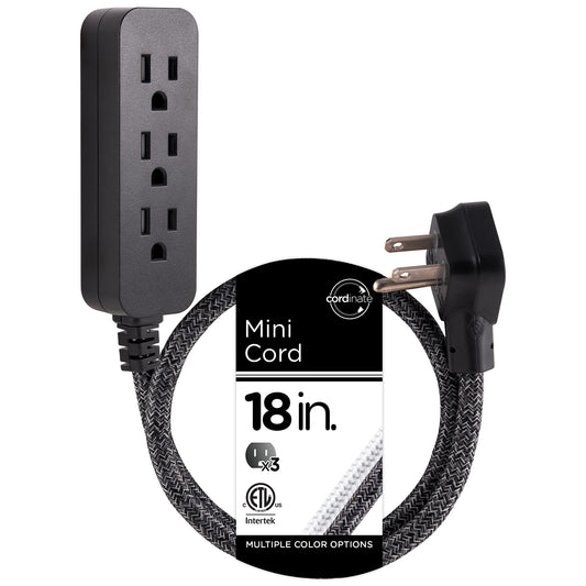 Cordinate Designer Mini 3-Outlet Power Strip, 18 in Braided Extension Cord, Grounded Adapter, Low-Profile Flat Plug, ETL Listed, Black/Dark Heather