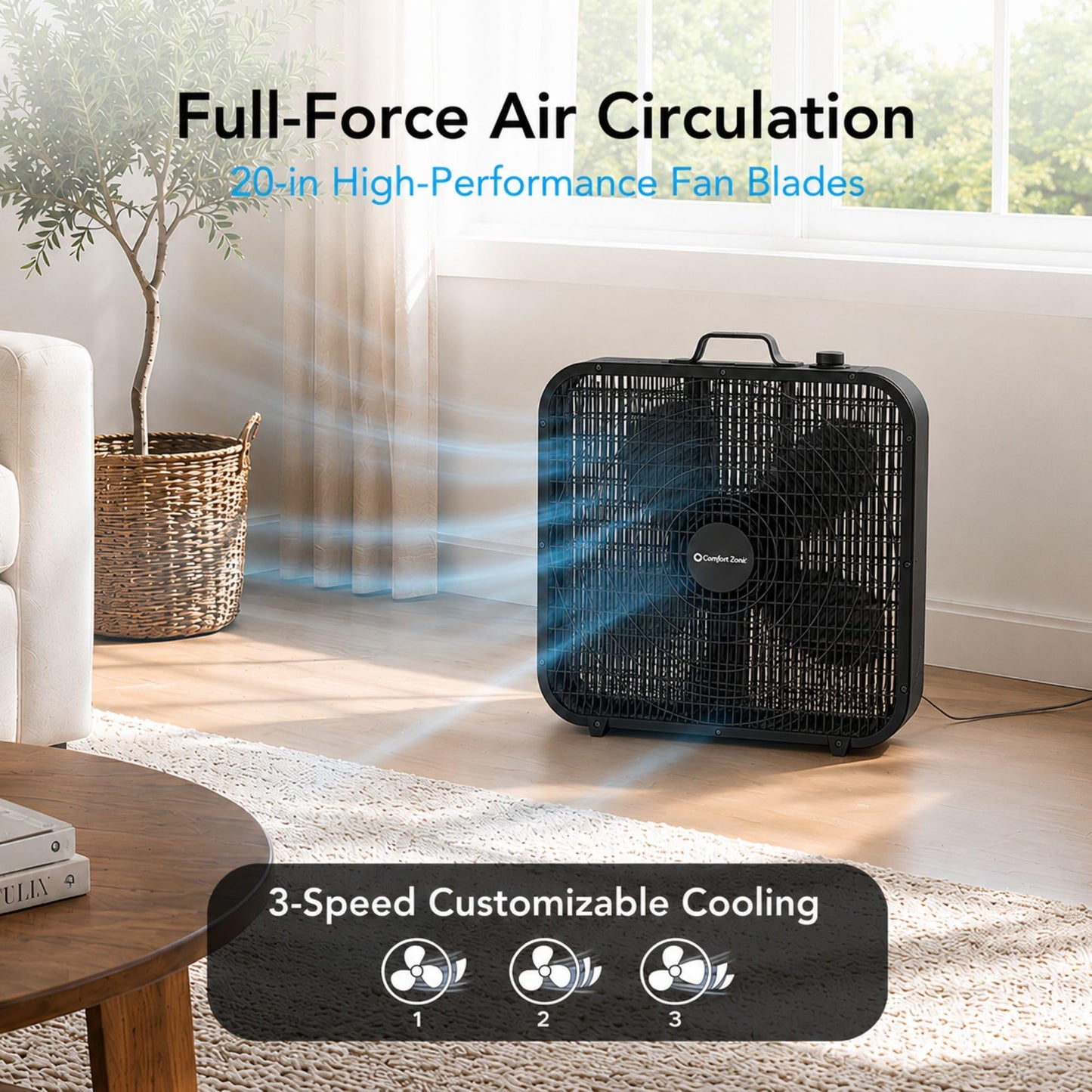 Comfort Zone Box Fan with Carry Handle, 20 inch, 3 Speed Full-Force Air Circulation with Air Conditioner, Floor Fan, Bedroom Fan, Airflow 15.03