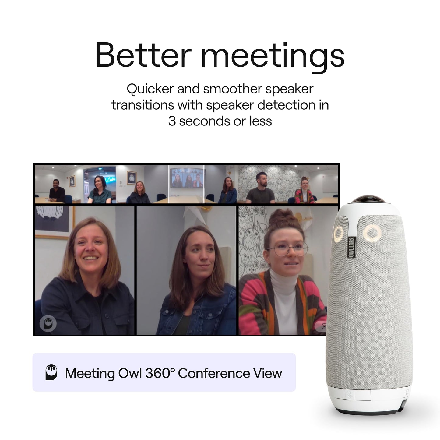 Owl Labs Meeting Owl 3 - 360° 1080p HD Conference Room Camera, AI-Driven Speaker-Tracking, 18-Foot Mic Pickup - Certified for Microsoft Teams - Works