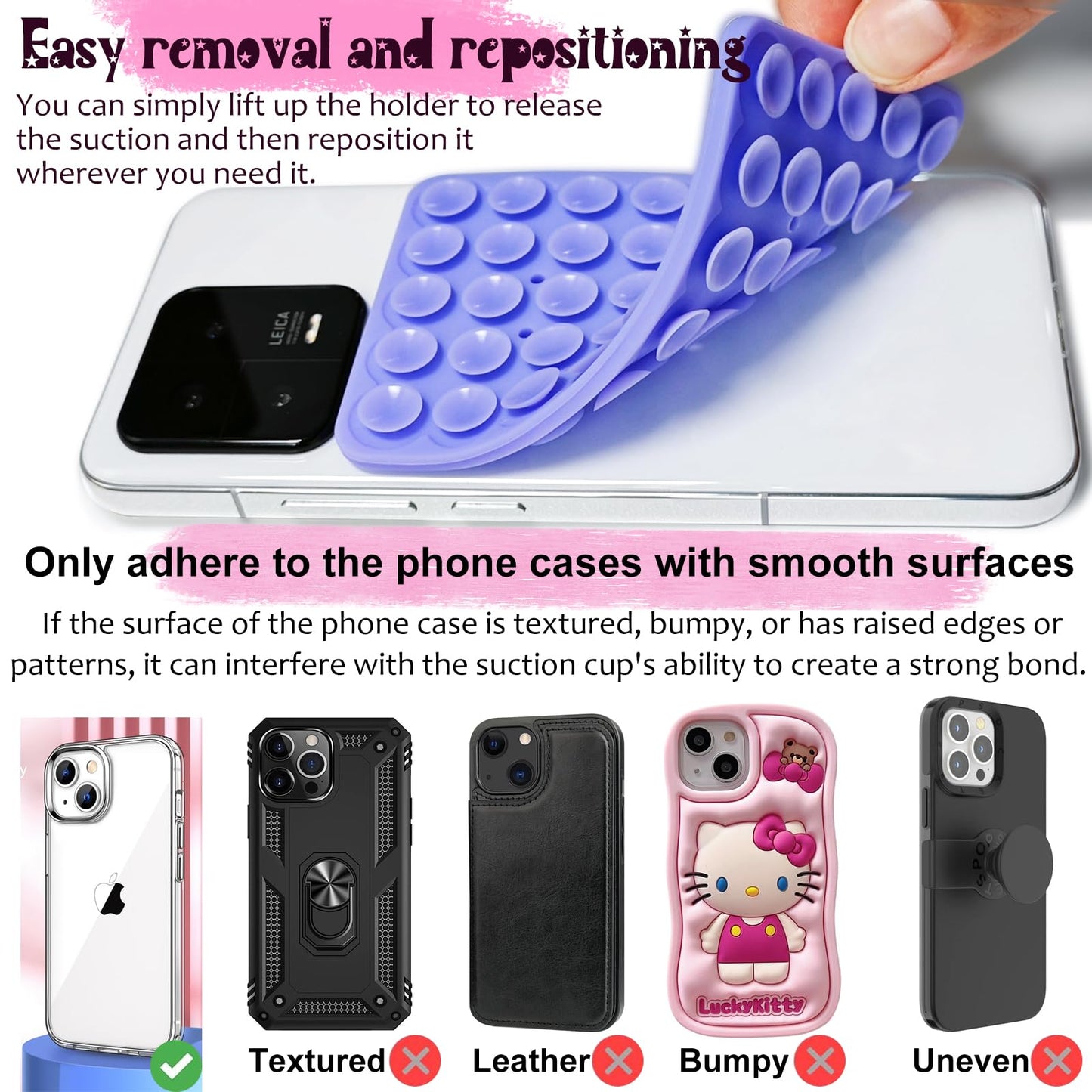 Anteel 2 Pack Silicone Suction Cup Phone Case Mount Double Sided, Hands-Free Silicon Phone Grip with Higher Suction Power for Selfies and Videos, Non