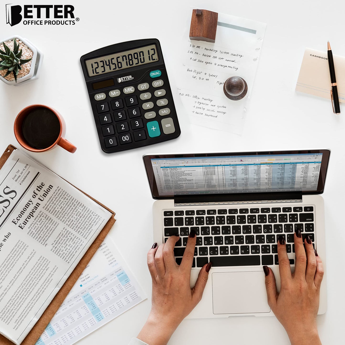 Better Office Products Large Desktop Calculators, 5 Pack, 12-Digit LCD Display, Angled Display Panel, Standard Function, Black, Dual Power