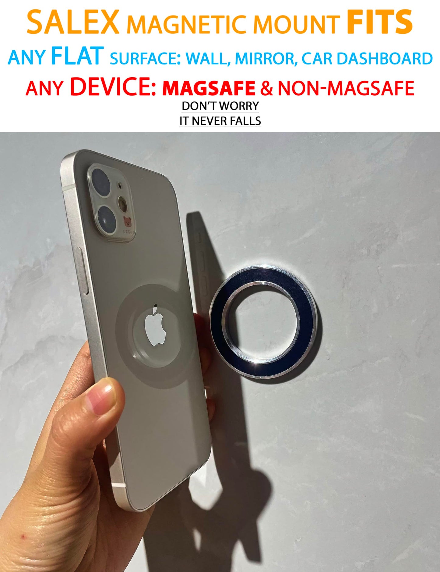 SALEX Compatible with Magsafe Car Mount for Dashboard, Wall, Fridge, Truck, Mirror 2 Pack. Stick On Magnetic Phone Mount for iPhone 15 14 Plus 13 Pro