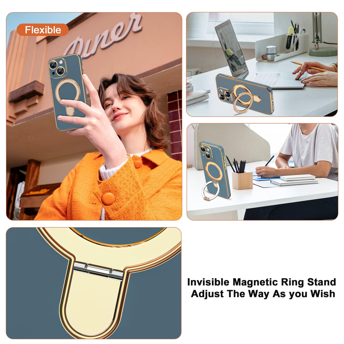 ETPESOK Compatible with iPhone 15 Case with Magnetic Ring Stand [Compatible with Mag-Safe] [Full Camera Lens Protector] Soft Plating Phone Case