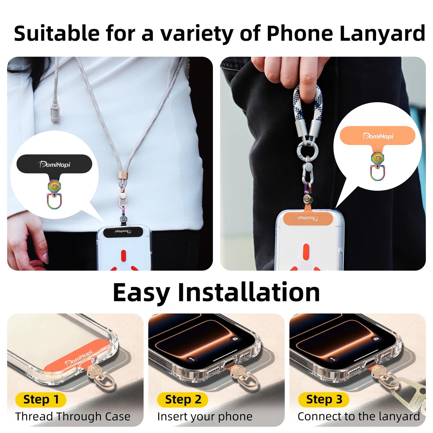 DomiHapi Phone Tether Tab, 4-Pack 360° Rotatable Secure Anti-Drop Lanyard & Wrist Strap Compatible Patch for Cell Phone Case