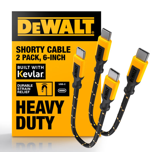 DEWALT Heavy Duty Short USB C to USB C 60W Cable 2Pack (6in) Durable Type C Fast Charging Nylon Braided Cord, Compatible with iPhone 17/16/15 Series
