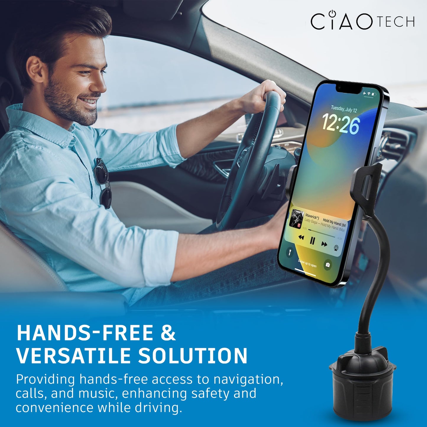 CIAO TECH Cup Holder Phone Mount for Car - Cup Holder Phone Holder with Adjustable Gooseneck - Universal Phone Cup Holder for Car Stable & Durable