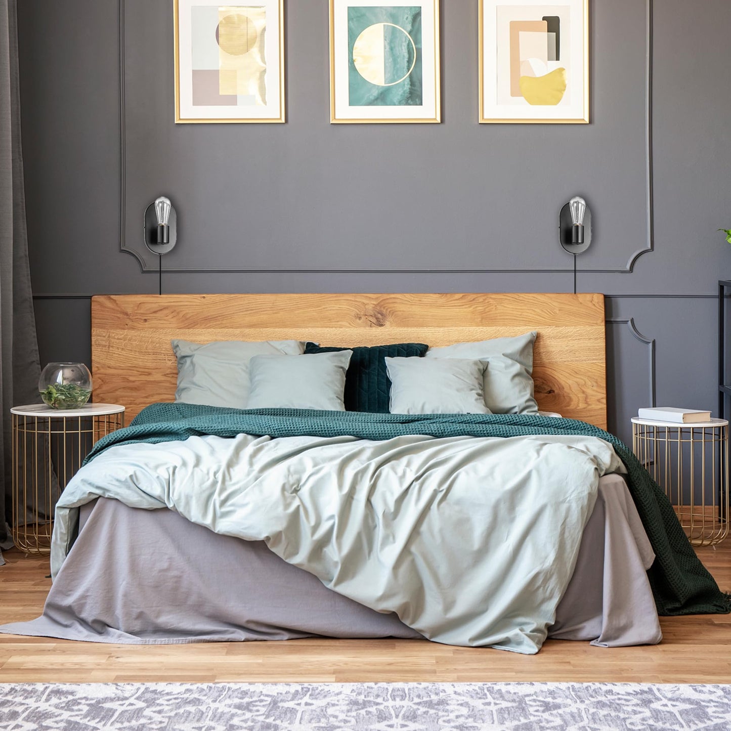 Globe Electric x Novogratz 51488 1-Light Plug-in or Hardwire Wall Sconce, Matte Black, 6ft Fabric Covered Cord, Rocker Switch, Wall Lights