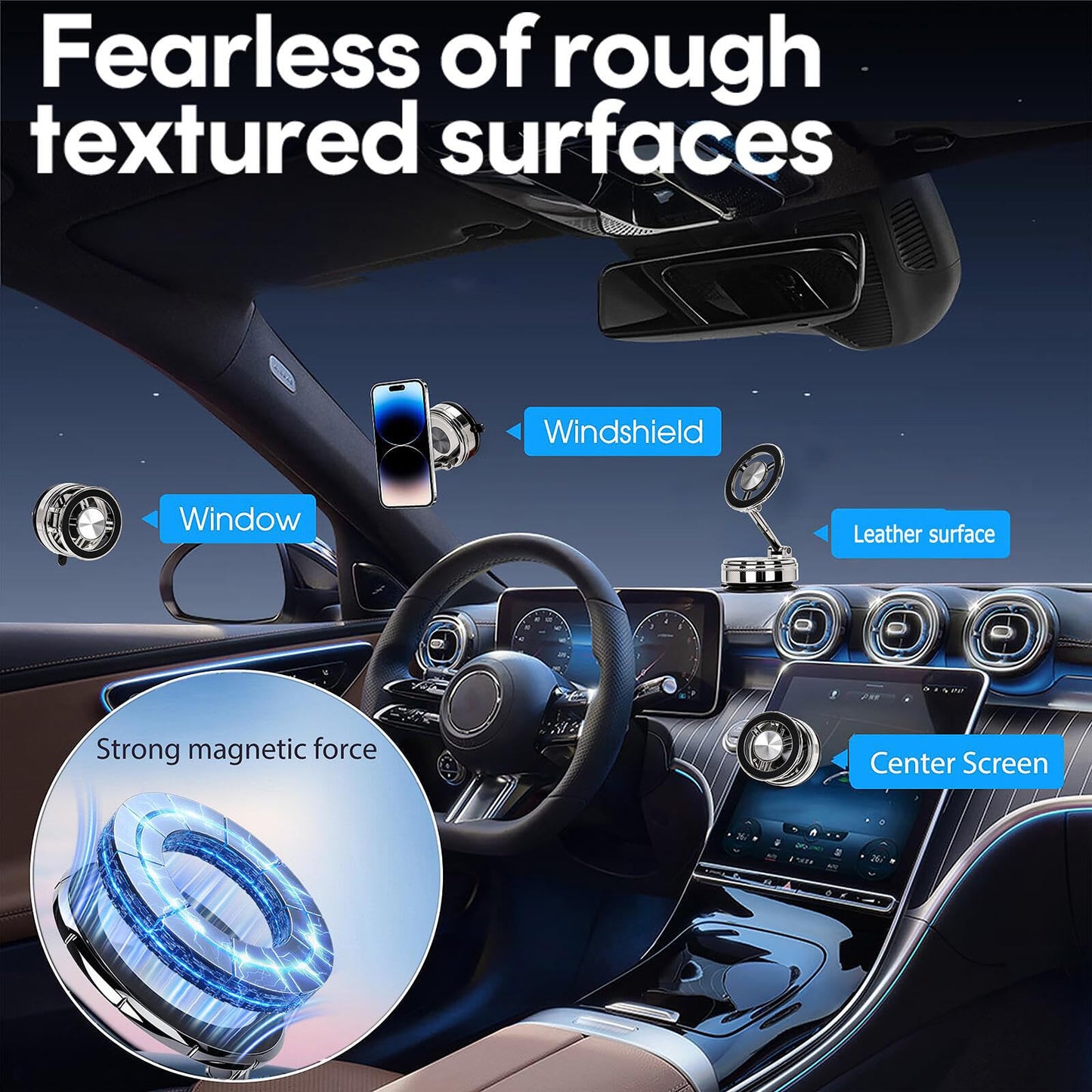 Car Phone Holder - 360° Rotation Alloy Phone Mount for Car, Magnetic Compatible, Nano Gel Suction Cup, for Dashboard/Desk, Fits iPhone, All