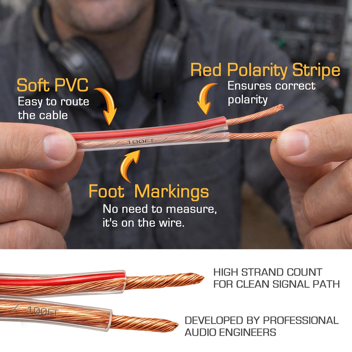 Kinter Cable 100ft 16-Gauge Audio Stereo Speaker Wire Cable, 100 Feet, 30.48 Meters, 2 Conductor, Polarity Marked, Flexible Clear PVC, CCA, Home