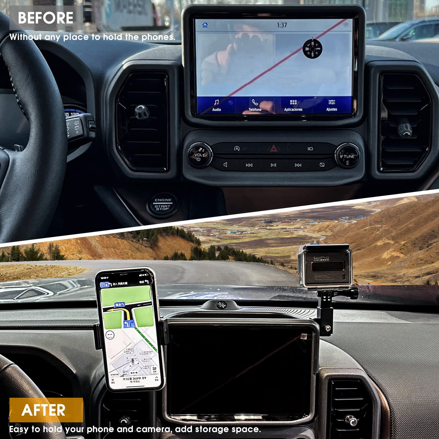 BESTAOO Dash Phone Holder Mount for Ford Bronco Sport 2021 2022 2023 2024 Accessories, Dashboard Center Console Dash Storage Tray Cell Phone Holder