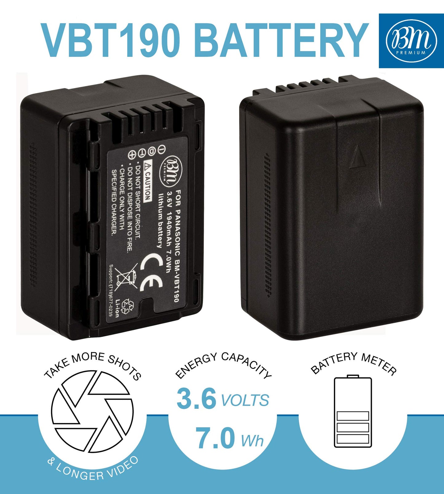 BM Premium 2-Pack of VW-VBT190 Batteries for Panasonic HC-V800K, HC-VX1K, HC-WXF1K, HCV510, HCV520, HC-V550, HCV710, HC-V720, HC-V750, HC-V770