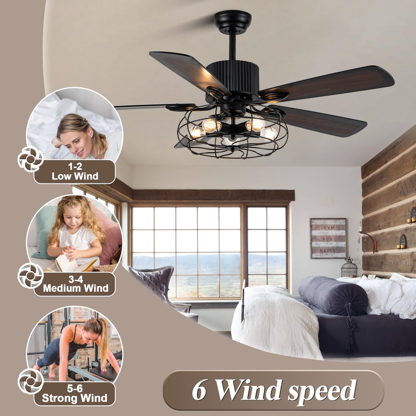 Dawn Whisper 52 Inch Farmhouse Ceiling Fans with Lights for Living Room