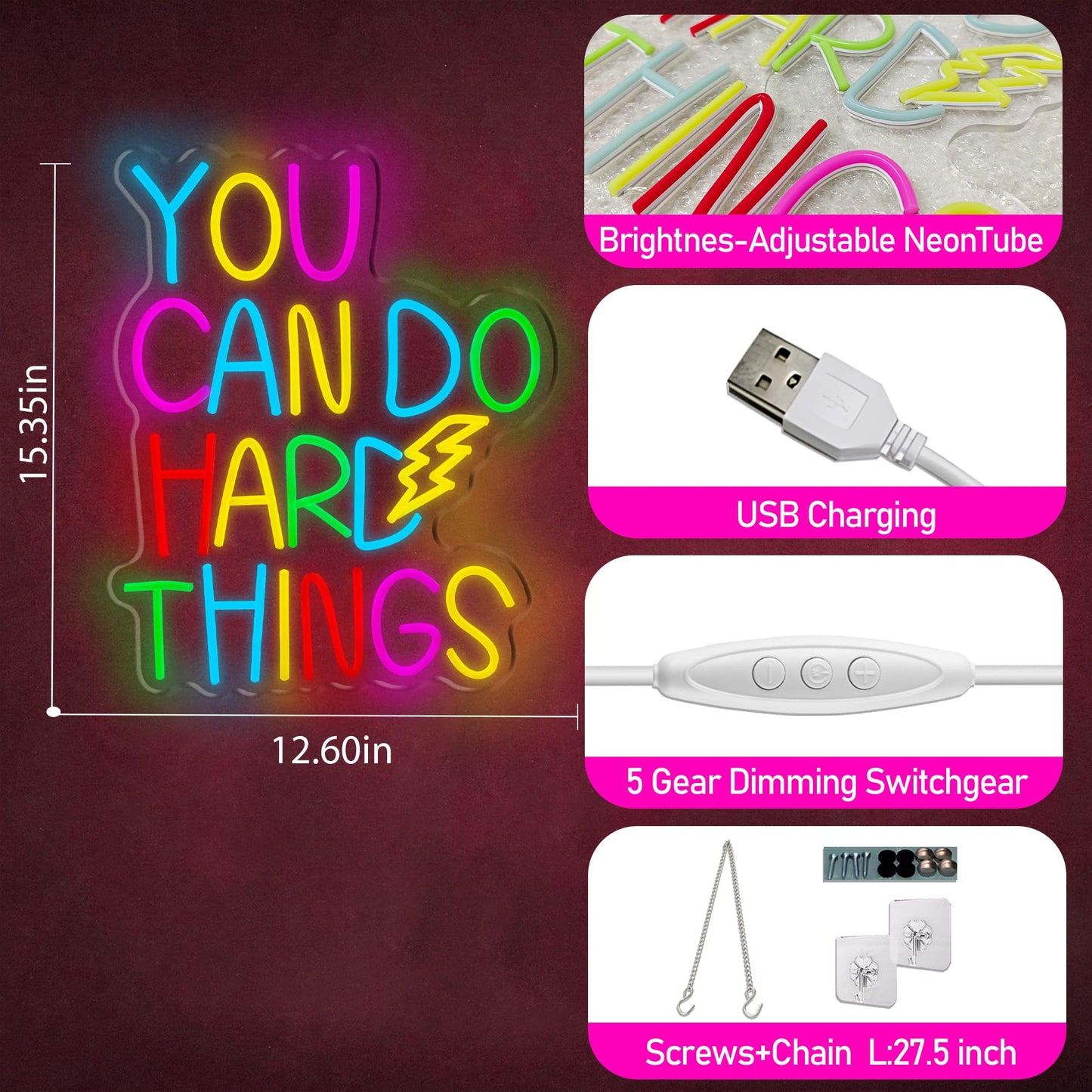 You Can Do Hard Things Neon Sign Dimmable LED USB Powered Neon Light UP for Classroom Wall Decor Art Positive Bedroom Library Study Room Home