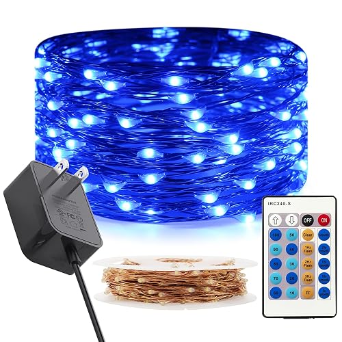 RUICHEN Dimmable Copper Wire 33 Ft 100 LED Fairy String Lights Plug in with Remote, Blue