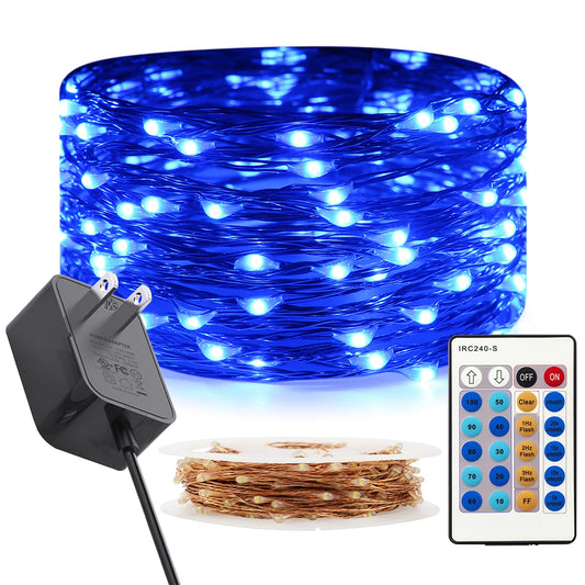 RUICHEN Dimmable Copper Wire 33 Ft 100 LED Fairy String Lights Plug in with Remote, Blue