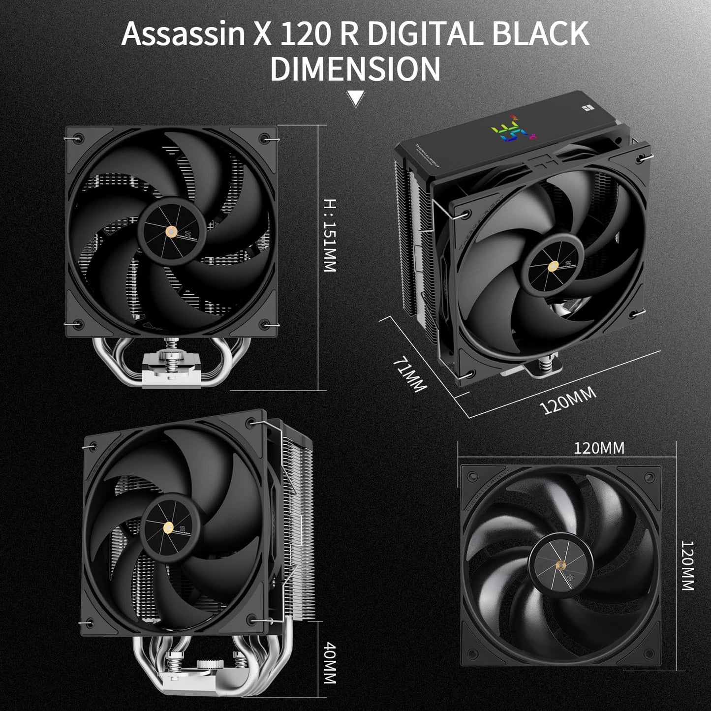 Thermalright Assassin X 120R Digital Black CPU Cooler Air with 4X6mm HeatPipes, Digital Screen Top Cover,PWM Fan Heatsink CPU Cooler,151mm High