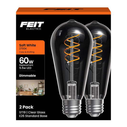 Feit Electric ST19 Vintage LED Light Bulb, 60W Equivalent, Soft White 2700K, Dimmable, Spiral Filament, Decorative Glass, E26 Base, Ideal for Home or