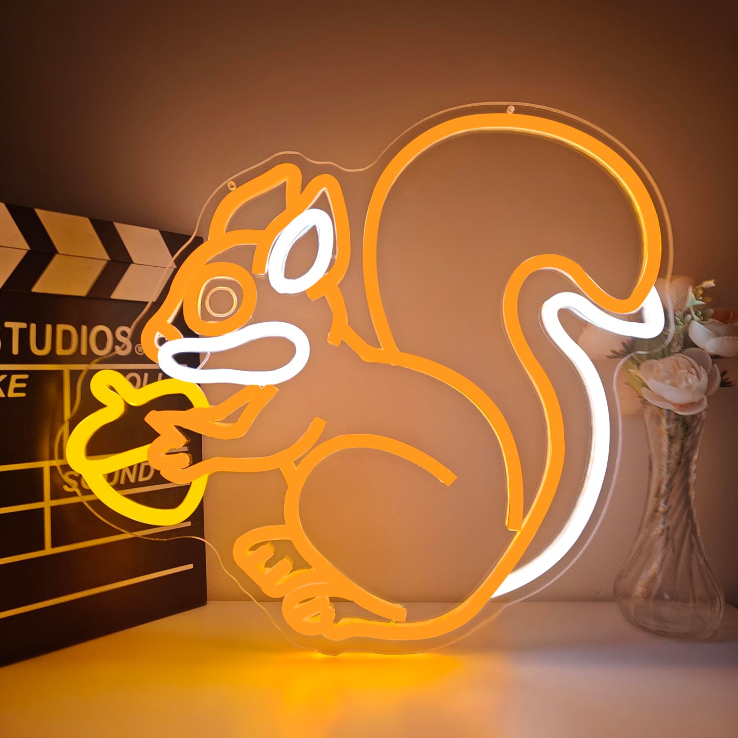 Squirrel Neon Sign for Wall Decor Squirrel Holding a Pine Cone Neon Light Dimmable Led Orange Lamp for Bedroom Cute Animal Light Up Sign for Christmas